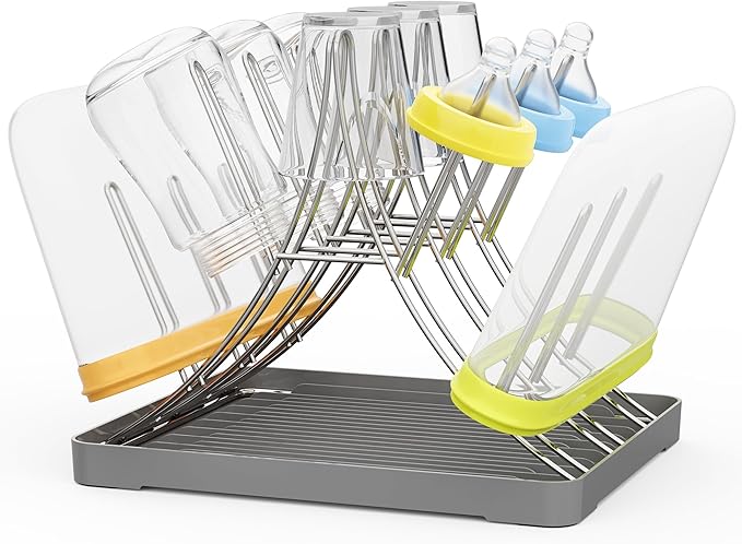 Baby Bottle Drying Rack, Space Saving Bottle Drying Tree Rack with Drainboard for Cups, Mugs and Glass, Sports Bottle, Holds Up to 15 Baby Bottles ，Foldable,Stainless Steel,