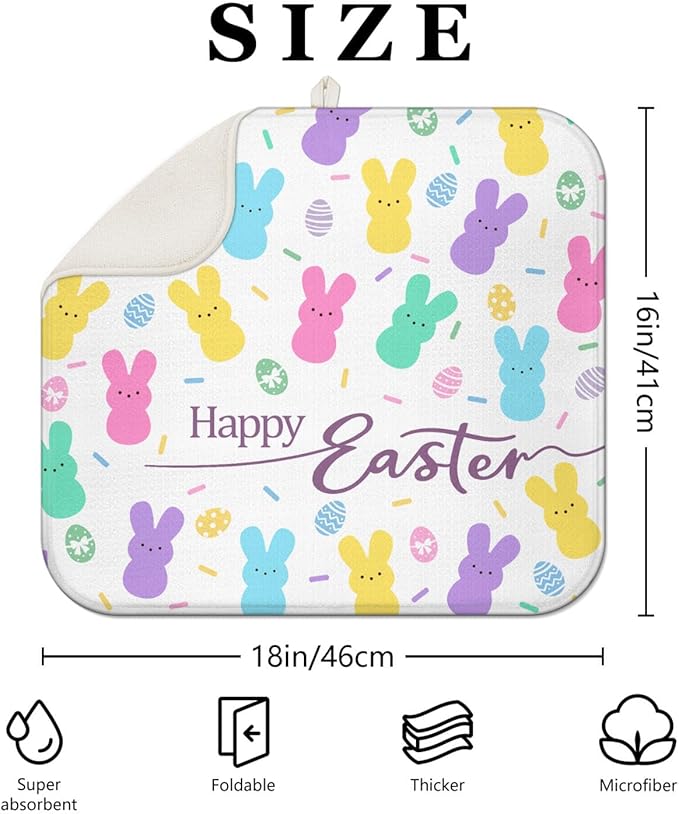 Happy Easter Dish Drying Mat for Kitchen Counter,Cute Bunny Microfiber Drying Mat,Washable Absorbent Kitchen Countertop Dish Mat Drain Pad 16×18 Inch
