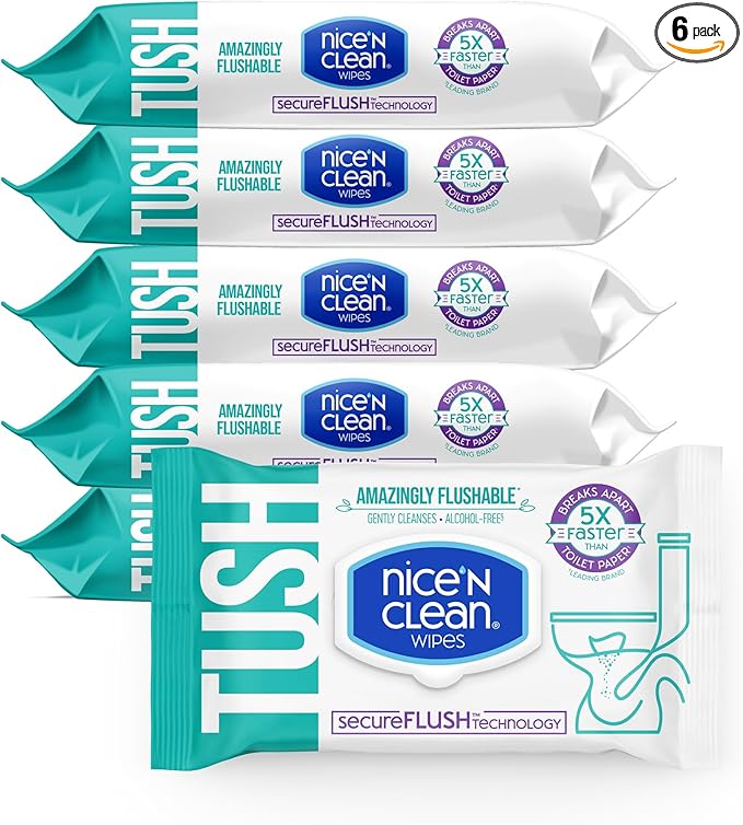 Nice 'N Clean SecureFLUSH Flushable Wet Wipes (42 Count - 6 Packs) | Moist Toilet Tissue with Moisturizing Aloe & Vitamin E | 0% Alcohol Formula for Sensitive Skin | Butt Wipes for Adults