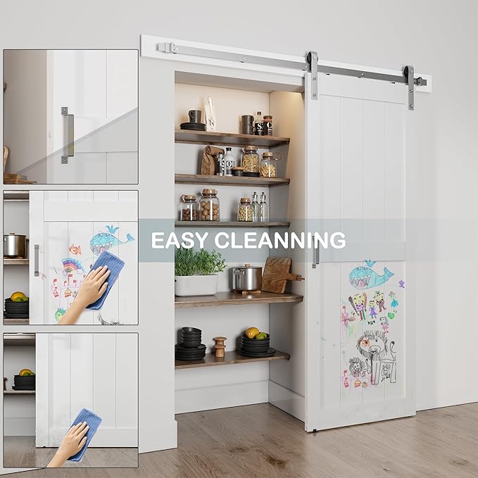 32''x84'' Sliding Barn Door with 6 Ft Brushed Nickel Hardware Kit& Handle& Floor Guides,Pre-Drilled Holes Easy Assembly - Include Installation Manual, Water-Proof PVC Surface, H-Frame