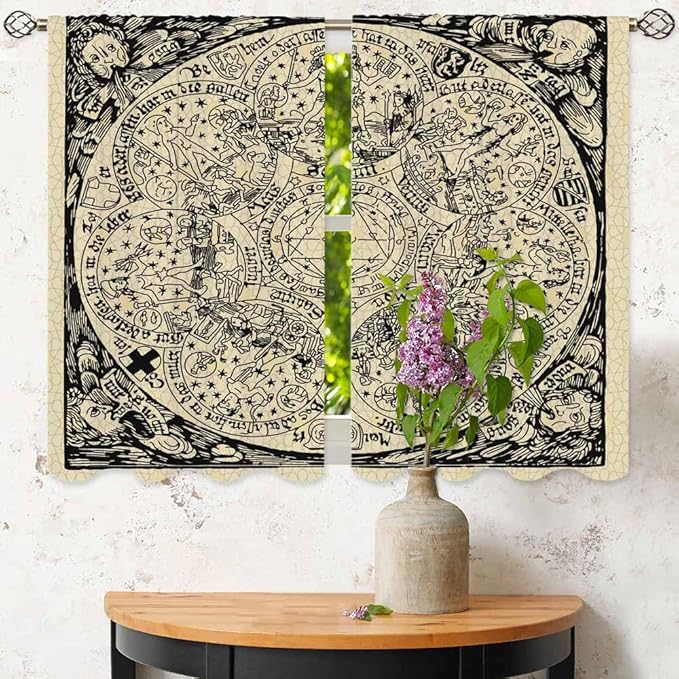 Planets Kitchen Curtains Old Astrology Ink Drawing Short Tier Curtains for Bathroom Cafe Small Window Drapes Treatment 2 Panels (27.5x39 Inch)