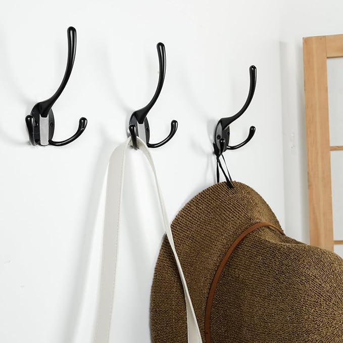Aynoo 5 Pack Big Heavy Duty Three Prongs Coat Hooks,Wall Hooks,Wall Mounted Metal Towel Coat Rack Hanger Hardware,Black