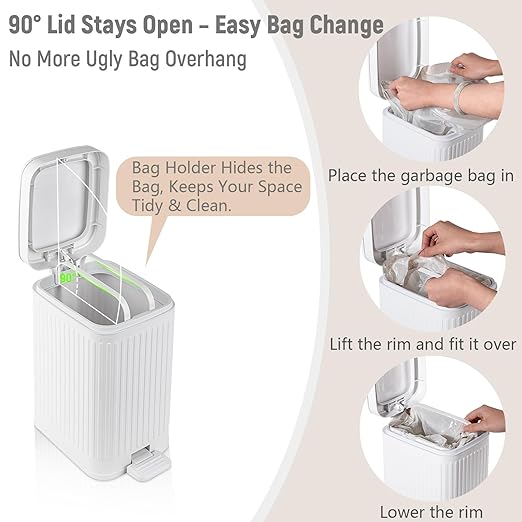 rejomiik Small Bathroom Trash Can with Lid 1.9 Gallon Step Trash Can Slim Garbage Can with Soft-Close Waste Bin for Bathroom, Bedroom, Office, Dorm, RV, White