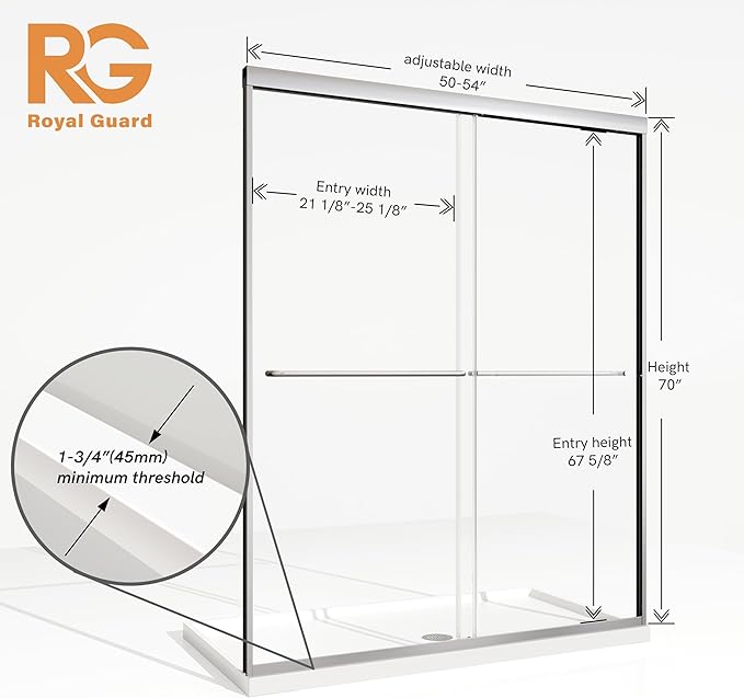 Sliding Shower Door,Royal Guard 50-54" W x 70" H Semi-Frameless Double Sliding Glass Shower Door with 1/4'' (6mm) Clear SGCC Tempered Glass,Bypass Shower Door,Chrome Finish