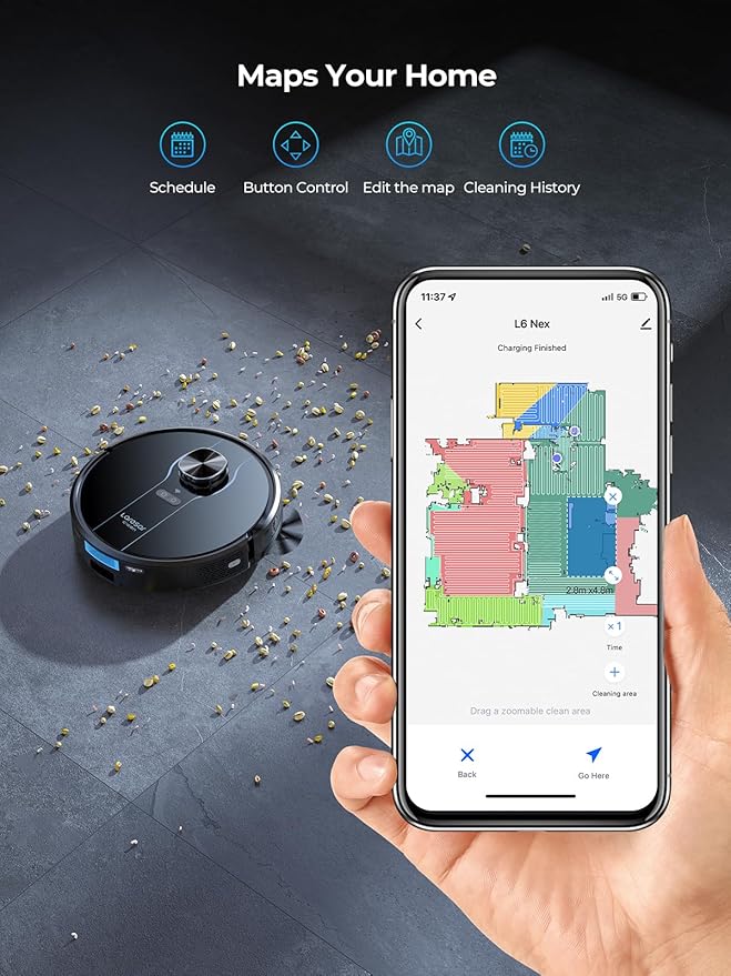 Robot Vacuum and Mop, 5000Pa Self-Emptying Robot Vacuum, Smart Lidar Navigation Robot Vacuum Cleaner with Home Mapping, 180 Min Max, Ultra-Slim, Ideal for Pet Hair, Hard Floor, Carpet (L6 Nex)