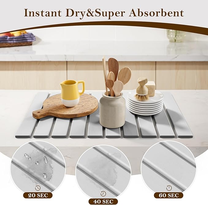Stone Dish Drying Mats for Kitchen Counter-23.6“x 15.3”Eco-Friendly,Foldable quick dry stone mat kitchen,Absorbent Diatomaceous Earth Mats for Dishes Bottles Cups Bathroom Any Countertop-Light Gray