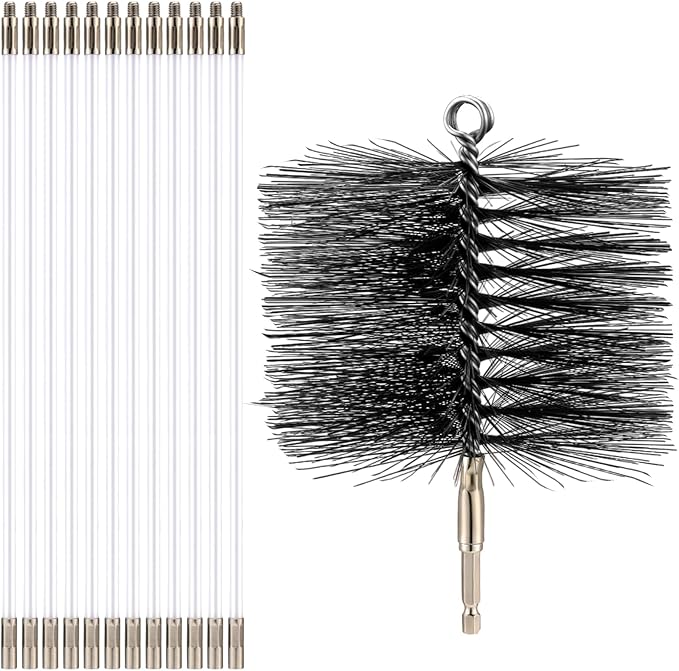 Wire Chimney Cleaning Brush with 1/4 Npt Fitting and 12 Rods, 6 Inch Round Steel Chimney Cleaning Brush and 16 Inch Fiberglass Rods for Hearth Fireplace(All-in-one)