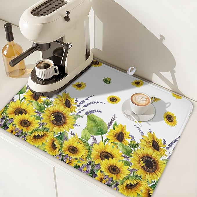 Sunflower Dish Drying Mat for Kitchen Counter 24x18 Inch Floral Lavender Drying Mat with Absorbent Reversible Microfiber Season Spring Summer Dish Drainer Mats Rack Pad for Coffee Countertop Protector