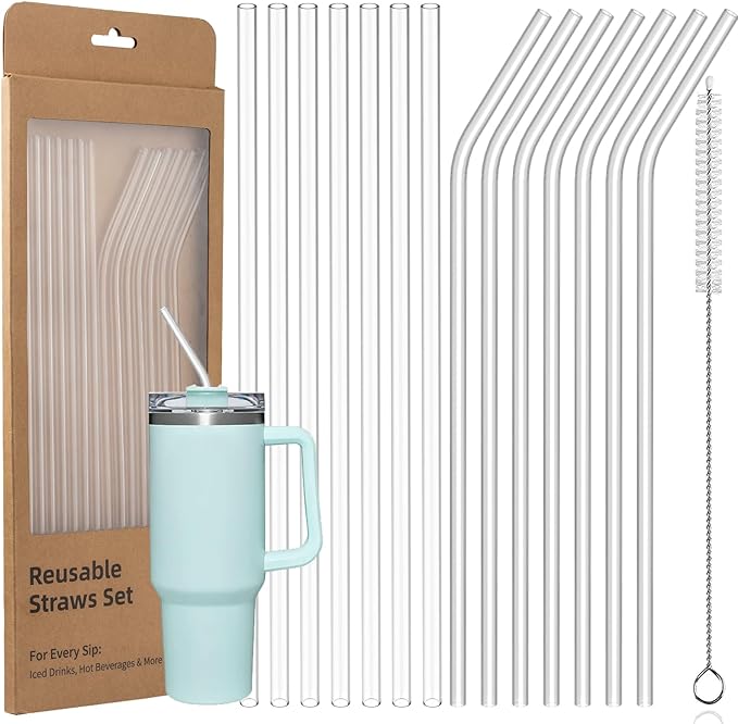 14 Pack Reusable Straws Compatible with Stanley/Yeti 30oz-40oz Cup Tumbler, 12" Long Plastic Clear Bend Replacement Straws with Cleaning Brush for Smoothies, Milkshakes, Dishwasher safe