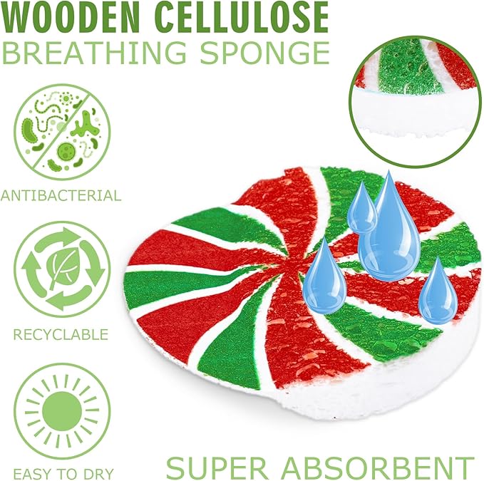 Whaline 8Pcs Christmas Candy Kitchen Sponges Red Green Xmas Candy Water Absorbing Dish Washing Sponge Non Scratch Cleaning Scrub Sponges for Dish Pots Pans Dishwashing Holiday Home Kitchen Bathroom
