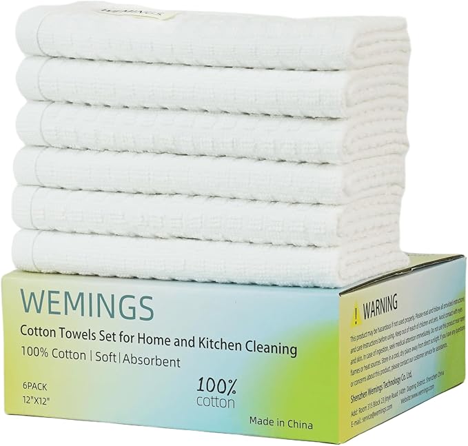 Cotton Dishcloths Set for Home and Kitchen Cleaning - 12x12 Inches Pack of 6- Dish Cloths,Dish Towels,Dish Rags - with Hanging Loop - 100% Cotton,Soft,Absorbent (White, 6)