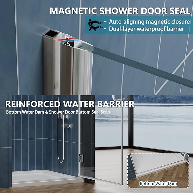 Framelss Hinged Shower Door, 36"W x 76"H Single Swing Pivot Shower Door, 3/8" (10mm) Tempered Glass with Nano Coating, Stainless Steel Handle, Glass Door for Walk-in Shower - Brushed Nickel