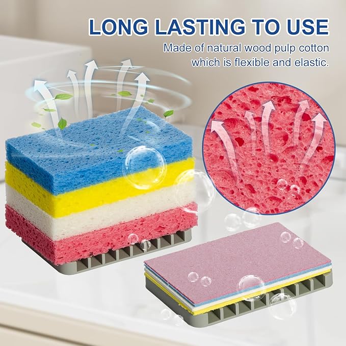 Sponges Kitchen，Cellulose Sponges, Compressed Kitchen for Household Use，for Dishes, Kitchenware, Cleaning for The Shower，Reusable，Save Space (4, Pink+ White)