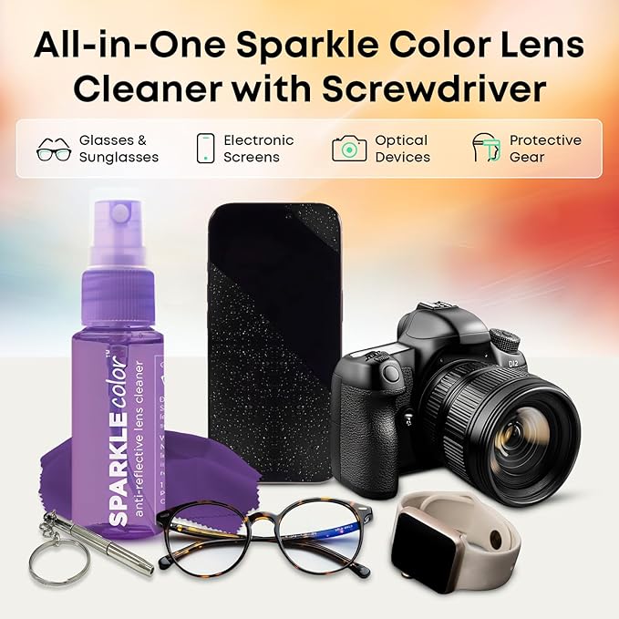 Sparkle Anti-Reflective Safe Lens Cleaner & Repair Kit – (2) 1oz Glasses Cleaner Spray, (2) Microfiber Cloth & Keychain Screwdriver for Eyeglasses, Sunglasses, Lenses & Screens (5 Piece Set)