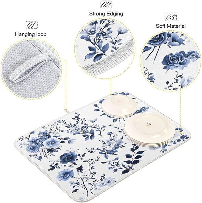 Blue White Porcelain Flower Dish Drying Mat for Kitchen Counter Absorbent Microfiber Drying Pad, Large 18x24 in