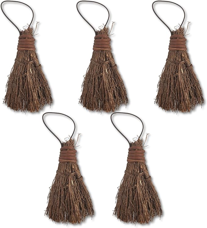Highly Scented Pine & Balsam Mini Brooms - 3 Inch Rustic Heather Brooms with Rope Loop for Easy Hanging - Farmhouse Kitchen Accent, Witchy Halloween Décor, Cozy Holiday Home Decoration - 5 Pack