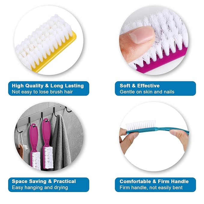 DAYGOS 24pcs Handle Grip Nail Brush - Finger Nail Brushes for Cleaning Fingernails, Hand Fingernail Scrub Brush Kits for Toes and Nails Cleaner, Long Handle Pedicure Brushes, Multicolor