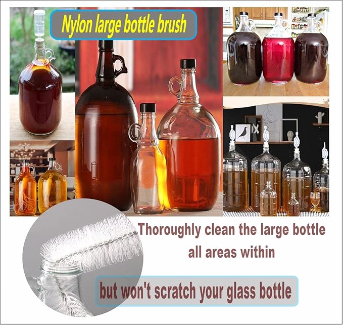 Carboy Brush, Cleaning 2 Piece 30 inch Nylon Brushes, and Stainless Steel Extended Handle Water Bottle Brushes for 3 5 6 6.5 Gallon Glass Jugs Fermenters L-Bend Wire DHUAYT47665