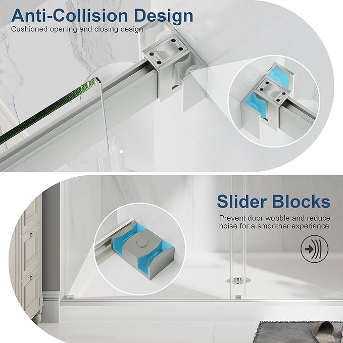 Frameless Bathtub Shower Door, 55-60" W x 60" H Double Sliding Tub Shower Door, 1/4''(6mm) SGCC Tempered Glass with Explosion-Proof Film Nano Coating, Brushed Nickle