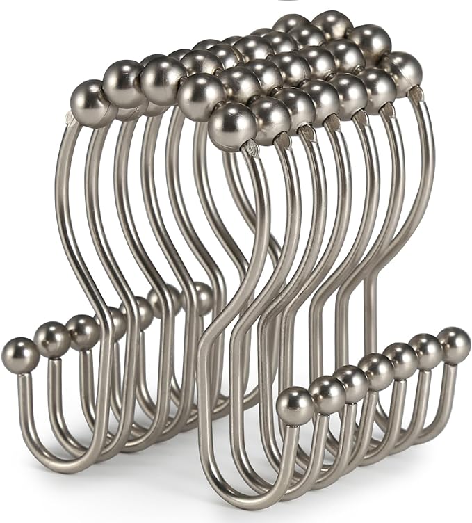 Goowin Shower Curtain Hooks, 12 Pcs Shower Curtain Rings, Stainless Steel Shower Curtain Hangers, Double Hook Shower Curtain Hooks, Smooth Sliding Anti-Drop Shower Rings for Curtain (Matte Nickel)
