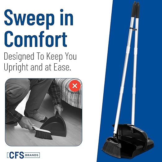 Carlisle FoodService Products Duo-Pan Upright Dust Pan and Broom Set with Adjustable Broom Head for Floor Cleaning, Restaurants, and Janitorial Use, 36 x 11.8 x 41 Inches, Black (Pack of 4)