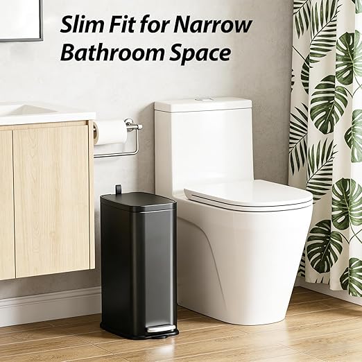 1.6 Gallon Black Bathroom Step Trash Can with Lid, Soft Close, Small Stainless Steel Garbage Can with Removable Inner Bucket, Includes 60 Trash Bags