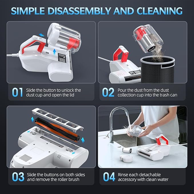 Mattress Vacuum Cleaner, 16Kpa 600W Bed Vacuum Cleaner with 253.7nm UV-C Light & Heating Tech & 40000 RPM/Min Brushroll Rotation, Widened Suction Port, Corded