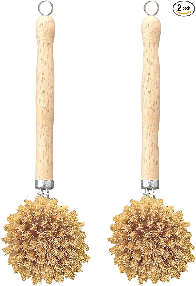 HIC Kitchen Natural Bristle Veggie Dish Scrub Brush, Non-Scratch Natural Tampico Bristles with Wooden Handle, Set of 2