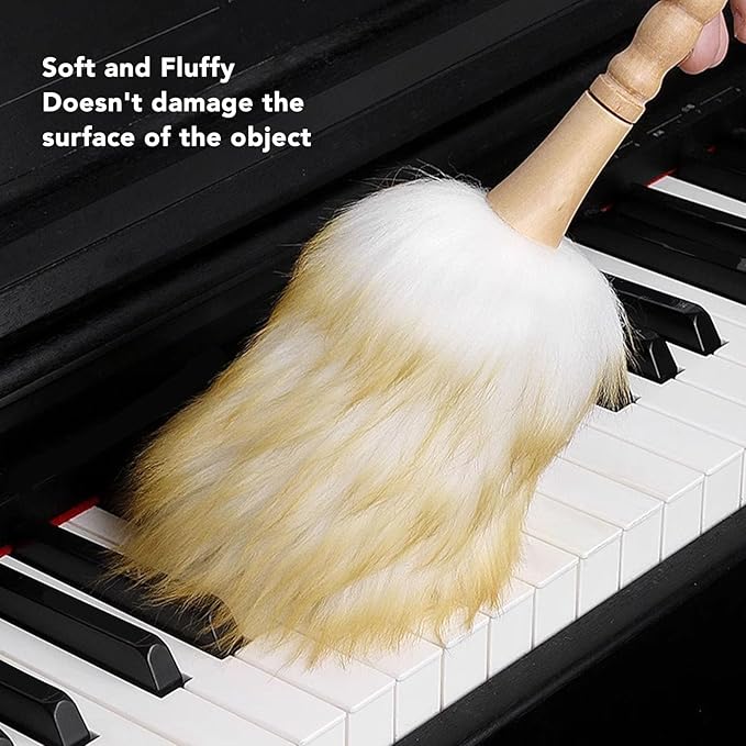 Piano Cleaning Brush Duster, Multifunctional Wooden Handle Lambswool Duster for Blinds Table Piano (Long Handle)