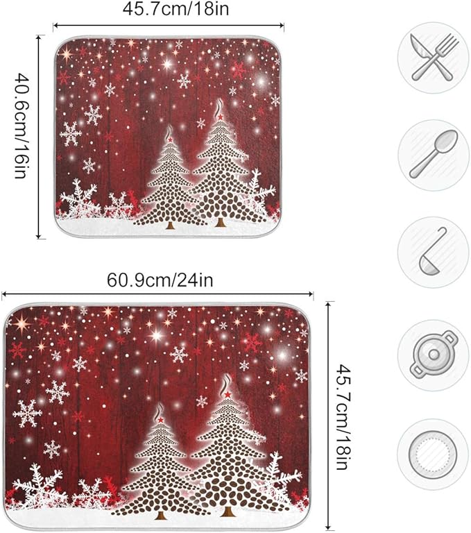 Christmas Tree Dish Drying Mat 16x18 inch Xmas New Year Snowflake Wooden Dish Drainer Kitchen Counter Mats Bottles Dish Dry Pad Protector for Kitchen Countertops