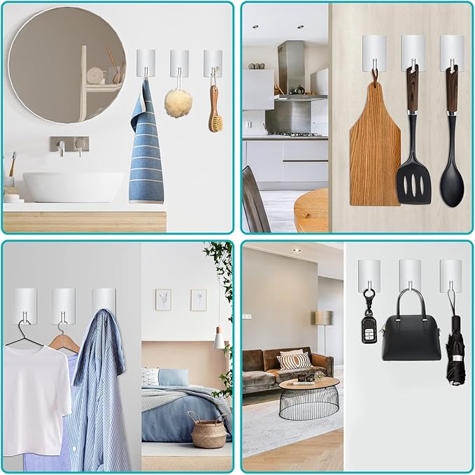 Adhesive Hooks Heavy Duty, Long Stainless Steel Self Adhesive Wall Hook, Sticky Towel Hangers for Kitchen Bathroom, Waterproof Stick on Door Hooks for Hanging Key Hat Coat 4Packs