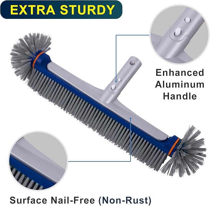 POOLAZA 360 Degree Pool Brush - Heavy Duty 17.5" Pool Brush Head for inground Pools/Above Ground Pools, Spa, Hot Tub, Premium Bristle & Aluminum Handle for Standard Pool Pole