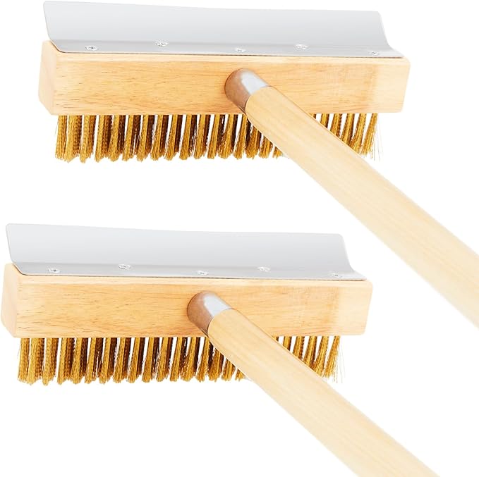 2 Pack 37 Inch Wood Handle Pizza Oven Brush with Scraper Outdoor Pizza Oven Cleaning Brush Tool, Aluminum Threaded Tip, Brass Bristles with Steel Scraper