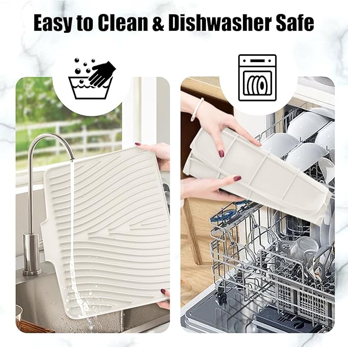 Silicone Dish Drying Mat, Stone Drying Mat for Kitchen Counter with Built-In Drain, Non-Slip Drain Pad with Built-in Drain, Heat Resistant Stone Drying Mat, Cream-2pcs, 20" x 15"
