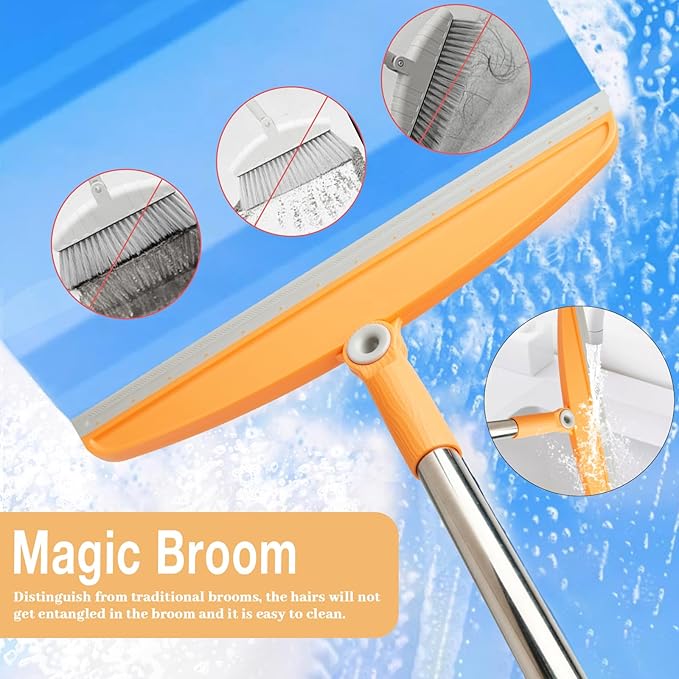 Silicone Air Broom,Multifunction Magic Broom with Long Handle，Adjustable Rubber Squeegee Sweeping Water for Indoor Hardwood Floors,Kitchen,Concrete Floor,Bathroom Tile(Gray Yellow)