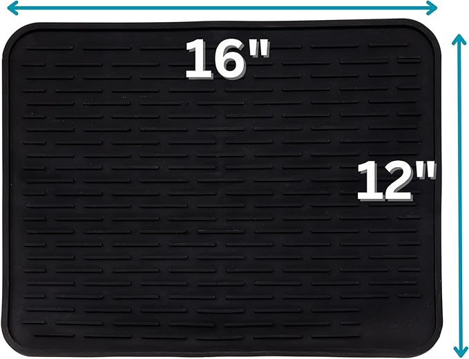 Large Silicone Dish Drying Mat for Kitchen Counter or Under Sink, 16" x 12" Large, Waterproof Pet Feeding Mat, Water Bowls, Under Drying Racks for Dishes, Coffee Bars, Bar Mats (Black)…