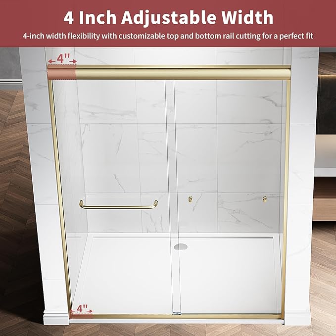 56-60" W x 72" HSemi-Frameless Double Sliding Glass Shower Door, 1/4" (6mm) Clear Tempered Glass, Bypass Sliding Shower Door for Bathroom, Easy to Clean (Brushed Gold, 60" W x 72" H)