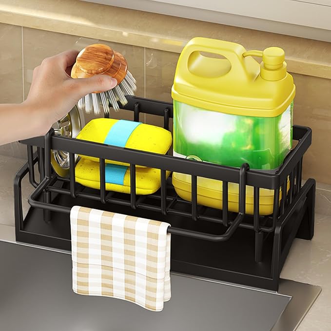 Kitchen Sink Organizer with Drain Tray, Sponge Holder, Brush Storage, Auto-Drying Rack for Dish Soap, Cleaning Tools, Countertop or Sink Caddy for Kitchen Decor