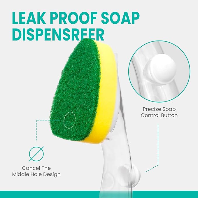 HELIME Heavy Duty Dish Wand Refills Kit with Handle, 6 Non Scratch Dishwand Refill Pack, Replacement Sponge Heads Set, Soap Control Dispenser Leak-Free Scrub for Cleaning Dishes Sink Washing Tool