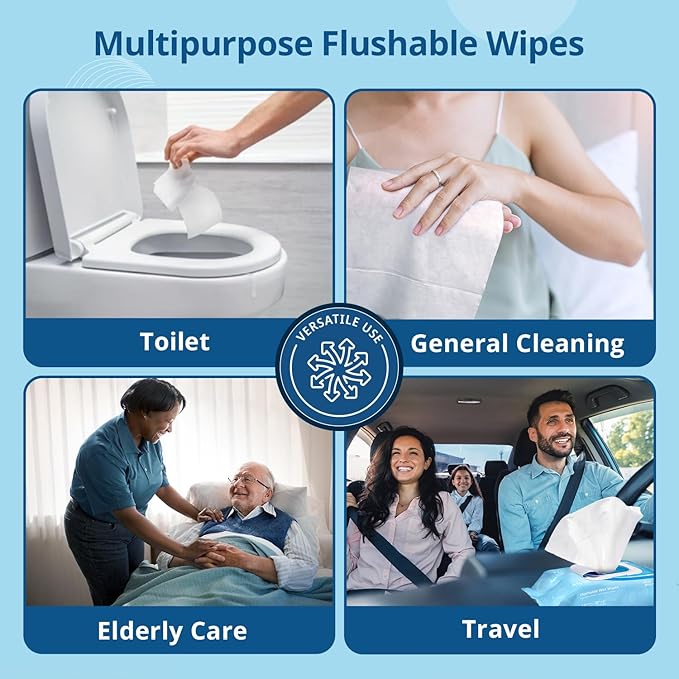 WhyWorry Flushable Wipes for Adults, Extra Large 8"x10" Butt Wipes for Toilet & Personal Cleansing, Chamomile and Vitamin E, 100% Plant-Based, Septic & Sewer Safe, Sea Incense, 144 Count (3 Packs)