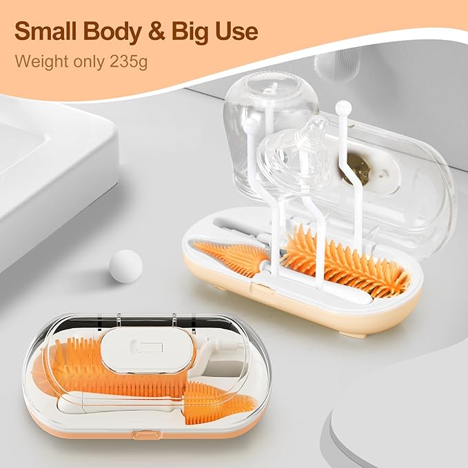 Bottle Brush Set,Travel Bottle Cleaner Kit with Baby Bottle Brush,UV Light,Straw Brush,Nipple Brush,Bottle Drying Rack for Home and Travel(Orange,Box-Shaped)