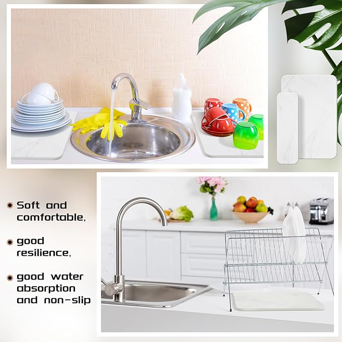 4 Pcs Absorbent Diatomaceous Dish Drying Mat Set White Non Slip 12x8in ＆ 9x3in Drying Mat Heat Resistant Small Size Hard Draining Instant Dish Pad for Rack Kitchen Counter Bathroom Sink