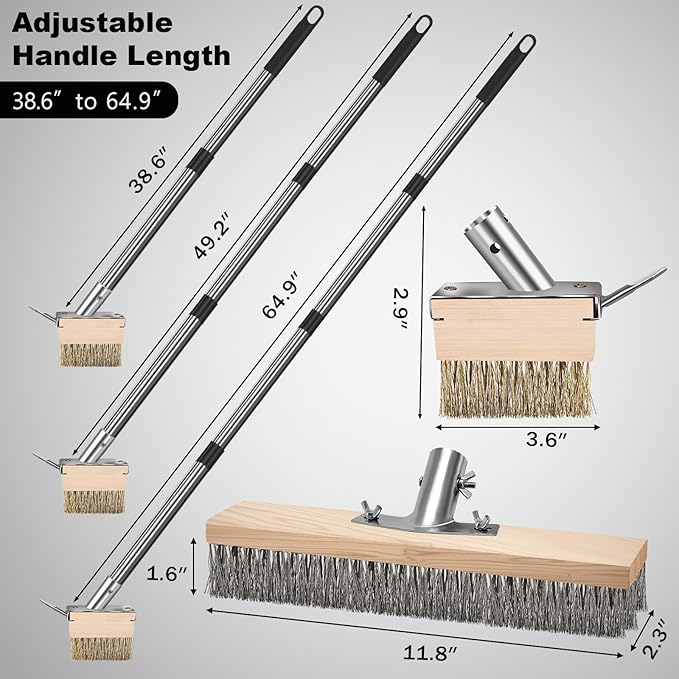 Heavy Duty Wire Push Broom with Crack Weeder Brush Set, Multifunction Moss Remover with Scraper Weed Puller, Detachable 64.9in Handle for Outdoor Deck Pavers Patios Walkways Concrete Cleaning