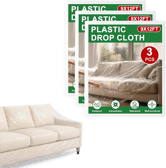 3-Pack 9x12 ft Painter Plastic Drop Cloths Sheet,Waterproof Anti-dust Cover, Disposable Tarp for Painting for Couch/Furniture Cover