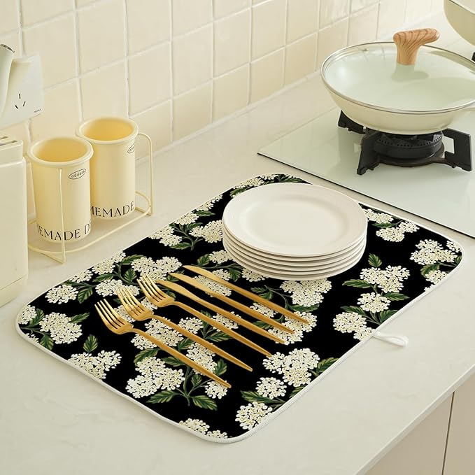 Black Hydrangea Dish Drying Mats 18x24 Inch Mats Spring Beige Green Floral Drying Mats Summer Vintage Flower Seasonal Absorbent Drying Dish Pad for Kitchen Dining Room Counter Decorations