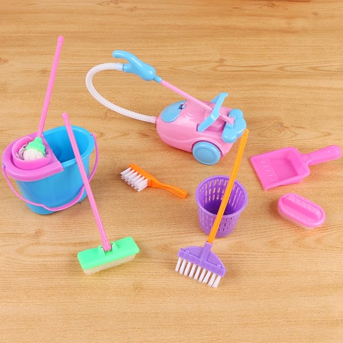 9 Pcs Miniature Dollhouse Cleaning Supplies Mini Bucket Mop Dust Pan Brush Broom Mini Housework Cute Cleaning Supplies Tools Miniature Furniture Dollhouse Decoration Accessories