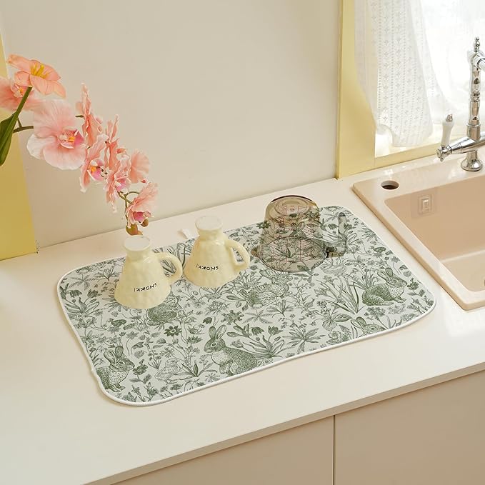 Easter Dish Drying Mat 18 x 24 Inch Sage Green Bunny Floral Drying Mat for Kitchen Counter Absorbent Sage Green Wildflowers Botanical Spring Dishes Dry Pad for Drainer Rack Kitchen Fast Dry