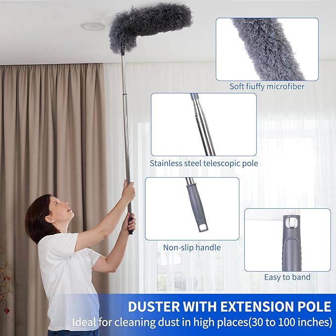 Duster with Extension Pole,Ceiling Fan Cleaner Duster Set of 6, Telescopic Cobweb Feather Duster 100 Inch,Ceiling Fan Duster, House Cleaning Tool Set