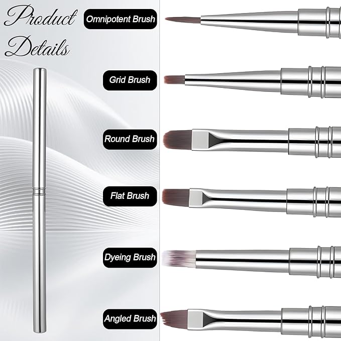 6Pcs Acrylic Nail Brushes, Nails Art Clean Up Brushes Metal Nail Polish Remover Brush Omnipotent Grid Dyeing Flat Oval Fine Angled Gel Brush for Gel Dilution, Halo Dyeing, Watercolor