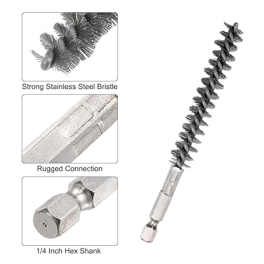 HARFINGTON 3pcs Stainless Steel Bore Brush 12mm Dia Cleaning Wire Brush with Handle 1/4 Inch Hex Shank for Tubes, Ports, Bearings